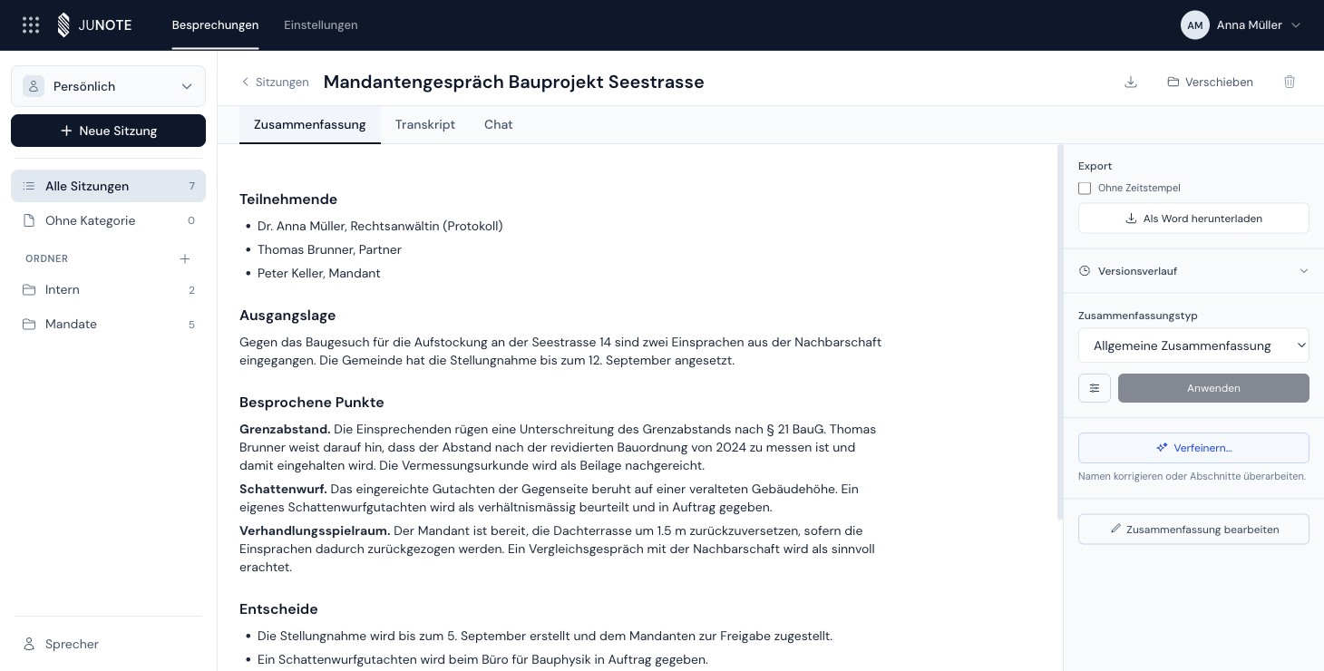 JUNOTE — automatisch erstelltes Sitzungsprotokoll mit Entscheiden und Pendenzen